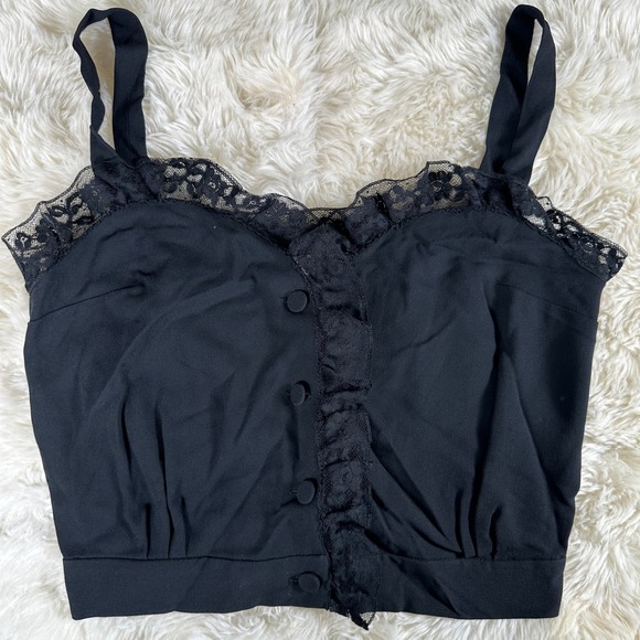 Sonia Rykiel Lace Trim Cami Crop Top US2 34 Button Front Sleeveless Blouse Black - Picture 1 of 8